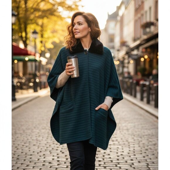 Le Moda Teal Cape With Faux Fur Collar & Button Closure - Picture 1 of 11